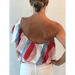 NEW! Striped & Ruffled One-Shouldered Top